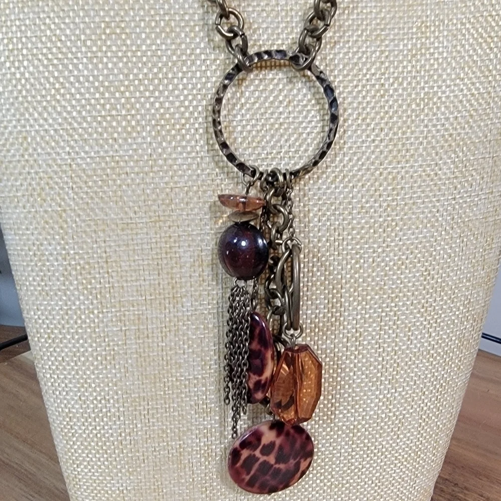 Antique Bronze Metal Statement Necklace with Amber beads and Chain Tassels Boho